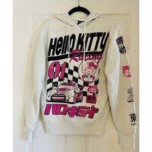 Hello Kitty Tokyo Speed Racing Hoodie White Sanrio Graphics Men's XS Kawaii Y2K